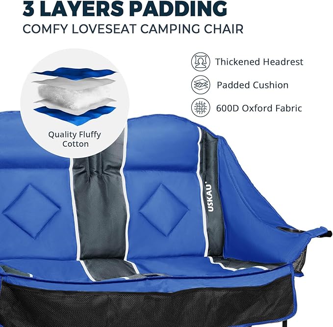 Oversized USLCamping Chair - 2 Person Portable Folding Outdoor Loveseat Heavy Duty Lawn Chairs for Adults with Padded Cushion & Dual Cup Holders, Supports 660LBS for Camping，Sports，Picnic
