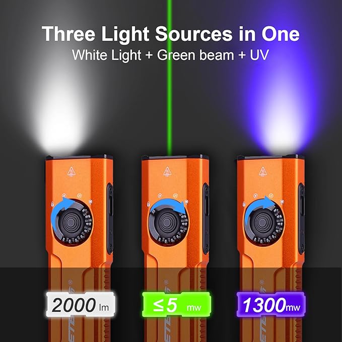 JETBeam E26 Rechargeable EDC Flat Flashlight 4 Constant Brightness Modes+Strobe+1300mW UV+Green Beam Combo,2000 Lumens Portable Pocket Lights,IPX-8,Triple Sources for Outdoors,Emergency,Working