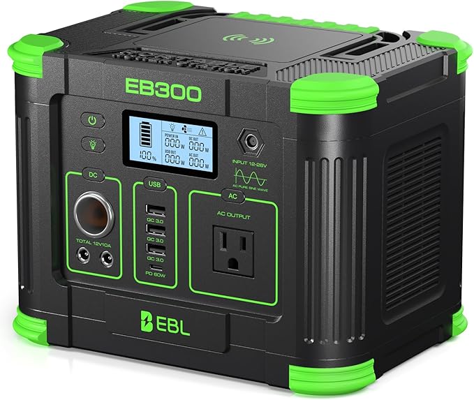 EBL 300W Portable Power Station, 288.6Wh Solar Generator with 600W Peak Output, PD 60W USB-C & QC3.0 USB-A Ports, Wireless Charger & SOS LED Light for Camping, RV, Home Emergency Backup