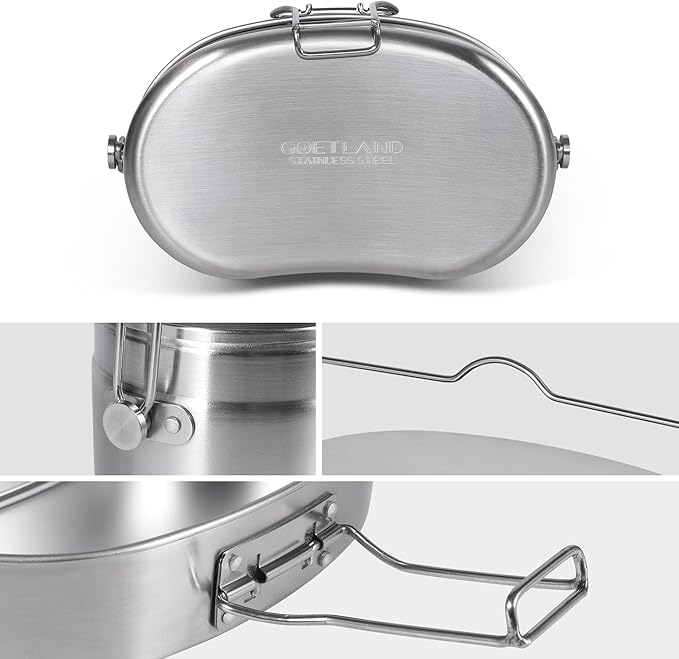 Goetland German Style M31 Military Mess Kit Mess Tin 304 Stainless Steel Backpacking Cookware Set Camping Pot Pan Set