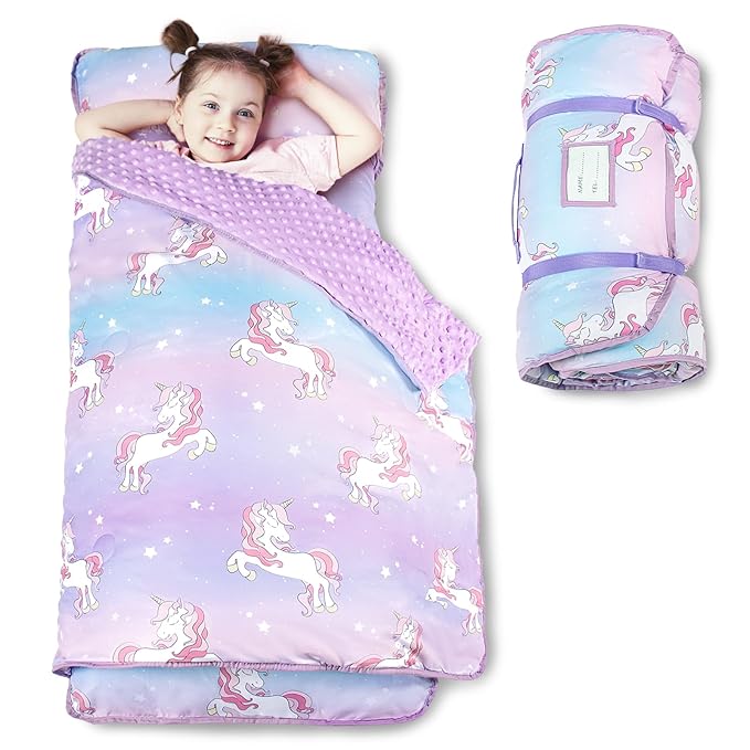 Toddler Nap Mat with Pillow and Minky Blanket, Large 55"x35" Sleeping Bag, Washable, Lightweight, Easy to Roll, Perfect for Preschool, Daycare, Kindergarten, Travel, Boys and Girls