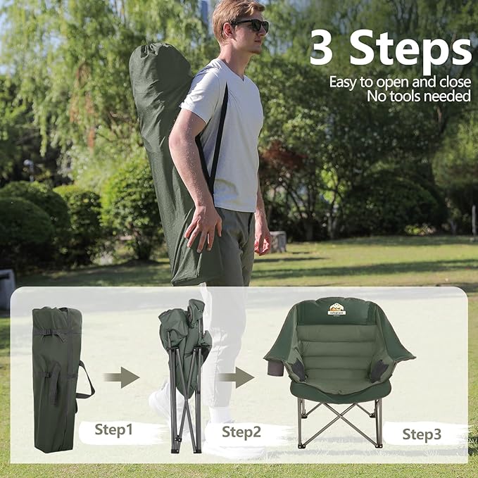 Oversized XL Padded Camping Chair Set of 2 Wide Heavy Duty Lawn Chairs Support 450 LBS Portable Folding Gaint Plus Camp Chair for Outdoor Outside Sports Baseball Soccer-Green