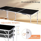 6Ft Camping Table Folding Portable Camp Aluminum Fold Up Lightweight Table Outdoor for Camping, Picnic, Portable Folding Aluminum Table Easy to Set & Carry - Black 180 x 60 x 70cm