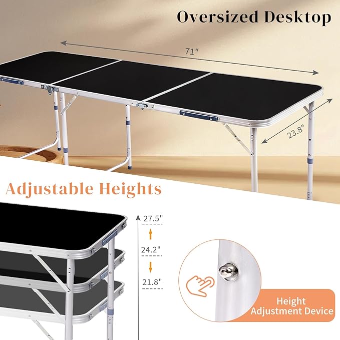 6Ft Camping Table Folding Portable Camp Aluminum Fold Up Lightweight Table Outdoor for Camping, Picnic, Portable Folding Aluminum Table Easy to Set & Carry - Black 180 x 60 x 70cm