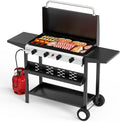 ROVSUN 4 Burner Portable Propane Griddle with Enameled Tray & Lid, 40000 BTU Rolling Flat Top Gas Grill with Electronic Ignition, Side Shelves & Regulator for Outdoor Cooking Camping BBQ Tailgating