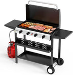 ROVSUN 4 Burner Portable Propane Griddle with Enameled Tray & Lid, 40000 BTU Rolling Flat Top Gas Grill with Electronic Ignition, Side Shelves & Regulator for Outdoor Cooking Camping BBQ Tailgating