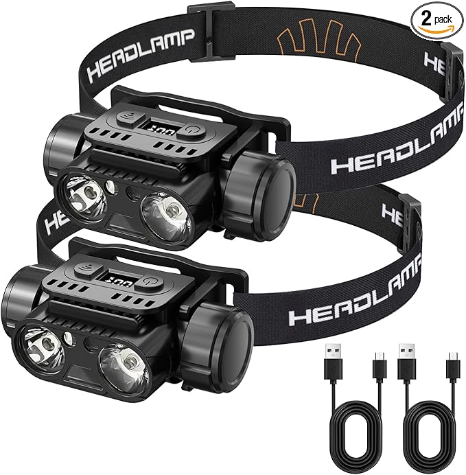 KINGBRO 2Pcs Headlamp, LED Headlamp Rechargeable, High Lumens Bright Head Light with USB-C, Waterproof Sensor Head Lamp for Hard Hat, Running Light for Camping Hiking Fishing (2Pack)