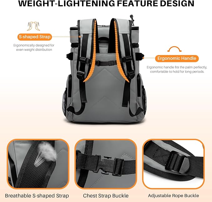 NOL Natural Organic Lifestyle Double Deck Large Waterproof Insulated Cooler Backpack for Men & Women, 32L/57 Cans Leak Proof Cooler Lunch Backpack for Camping, Hiking, Fishing, Picnic，Light Gray