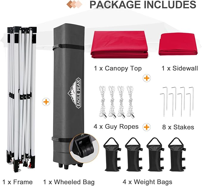 EAGLE PEAK Commercial Canopy 12x12 Pop Up Canopy Tent with 1 Sidewall, Easy Setup Heavy Duty Instant Event Shelter for Vendors & Markets, Outdoor Sun Shade, Red