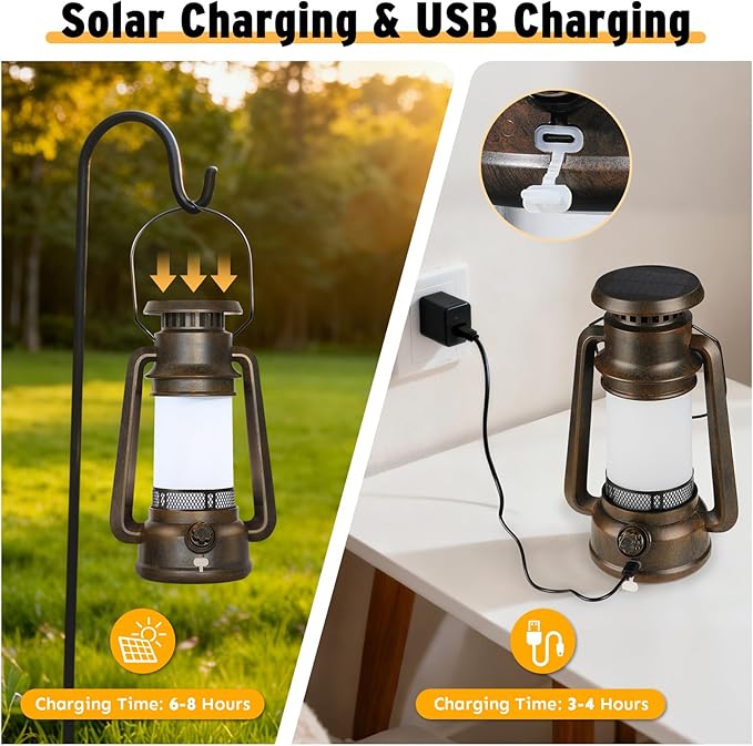2 Modes Solar Lanterns Outdoor Waterproof, Rechargeable LED Flame Solar Lanterns Decorative Outdoor, Vintage Lantern Hanging Solar Lights for Yard, Porch, Camping, Patio, Garden, Cabin, Gifts (2 Pack)