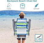 GYMAX Beach Chairs, Backpack Camping Chair with Armrest, Cooler Bag, Cup Holder, Towel Bar & Side Pockets, Sunbath Sling Tanning Lounge, Folding Layout Chair (4 Chairs Without Table, Blue Stripe)