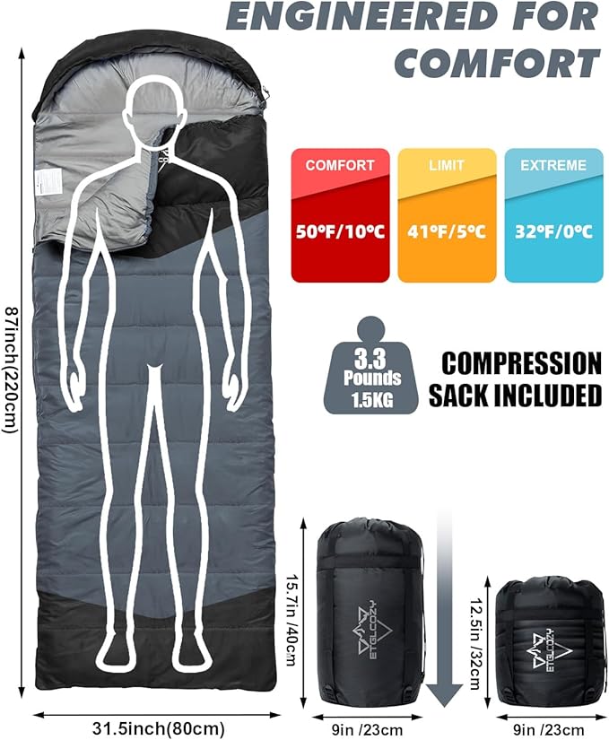 Single Sleeping Bag for Adults Kids 3-Season, Lightweight Waterproof Ripstop, Dual Zipper Bottom Vent, Compression Sack, Portable Camping Hiking Backpacking Gear