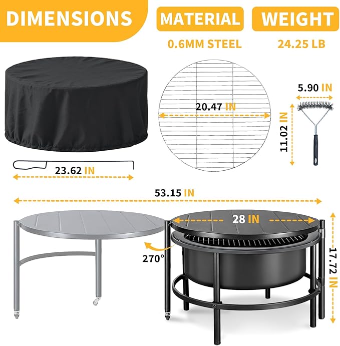 Fire Pits for Outside Wood Burning，3 in 1 Split Fire Pit with Rotating Table, Grill, Poker & Waterproof Cover, Portable Heavy Duty Steel Outdoor Firepit for Camping, Patio, Backyard