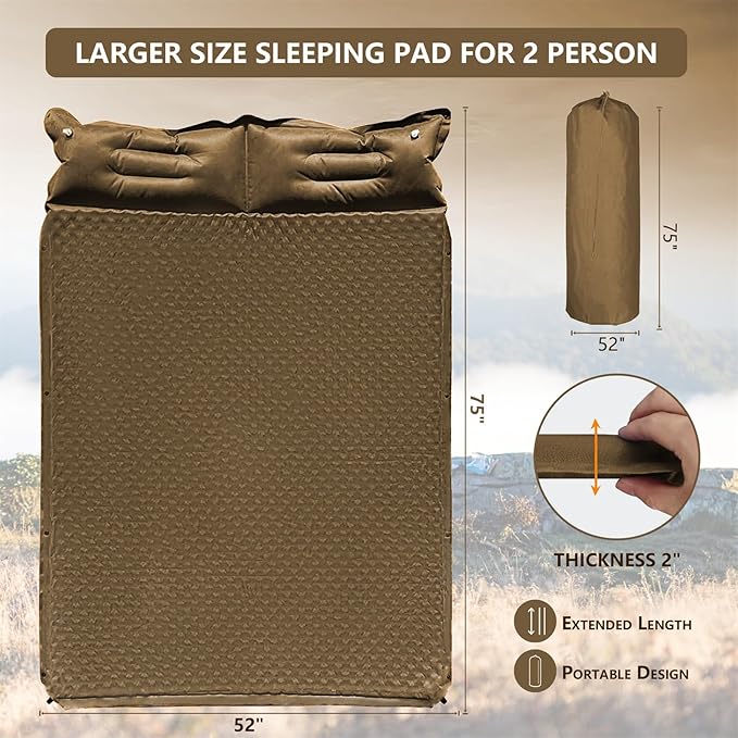 Double Camping Sleeping Pad with Pillow, 2" Memory Foam Camping Mattress 2 Person, 5R Insulated Self Inflating Camping Pad, Air Mattress Inflatable Sleeping Mat for Tent, Backpacking, Hiking (Khaki)
