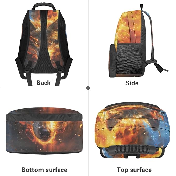 Wolf Backpack with Lunchbox Cool Kids Backpack Lightweight Trendy Kids Bookbag and Lunch Box Set Boys 4 Pcs School Bag for Boys 7-8 Daypack Travel Camping Outdoor Hiking