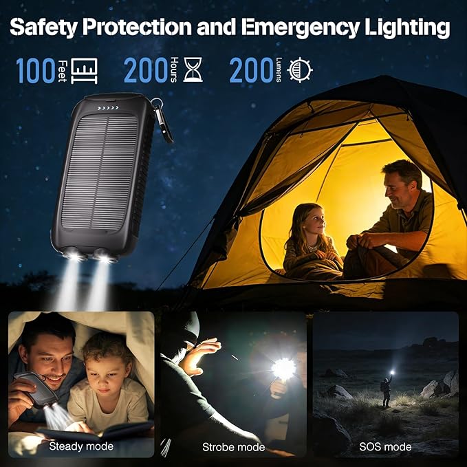 Portable Charger Solar Power Bank 8000mAh with USB-A and USB-C 5V/3A Output Port Black Battery Pack Compatible with iPhone, Samsung, Waterproof Emergency LED Flashlights Perfect for Camping, Hiking