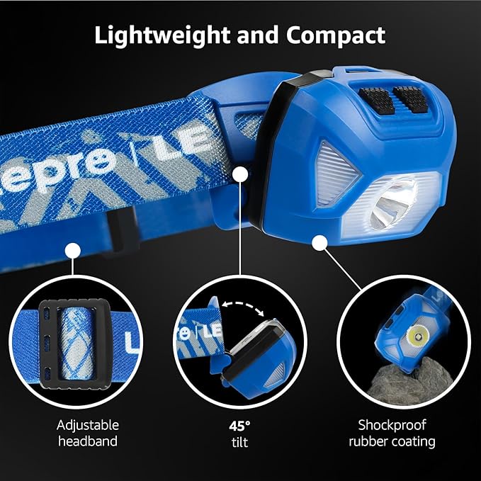 Lepro 320015 Battery Powered Headlamp - 1300Lux Super Bright LED Head Lamp with Red Light, IPX4 Waterproof Headlights for Outdoor Camping, Hiking, Hunting, Power Outages, Emergency, Hurricane - Blue