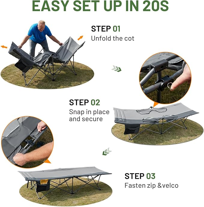 TIMBER RIDGE Extra Wide Heavy Duty Camping Cot for Adult, Easy Set Up Oversized Sleeping Cot with Carry Bag for Camping, Travel and Outdoors, Support up to 450lbs, Grey, 2 Pack