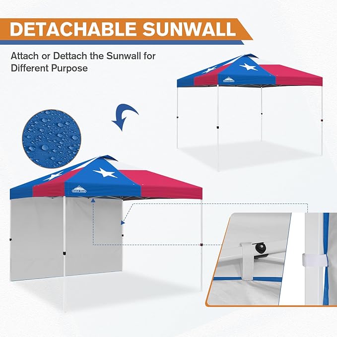 EAGLE PEAK Commercial Canopy 10x10 Pop Up Canopy Tent with 1 Sidewall, Easy Setup Heavy Duty Instant Event Shelter for Vendors & Markets, Outdoor Sun Shade, Tex Flag