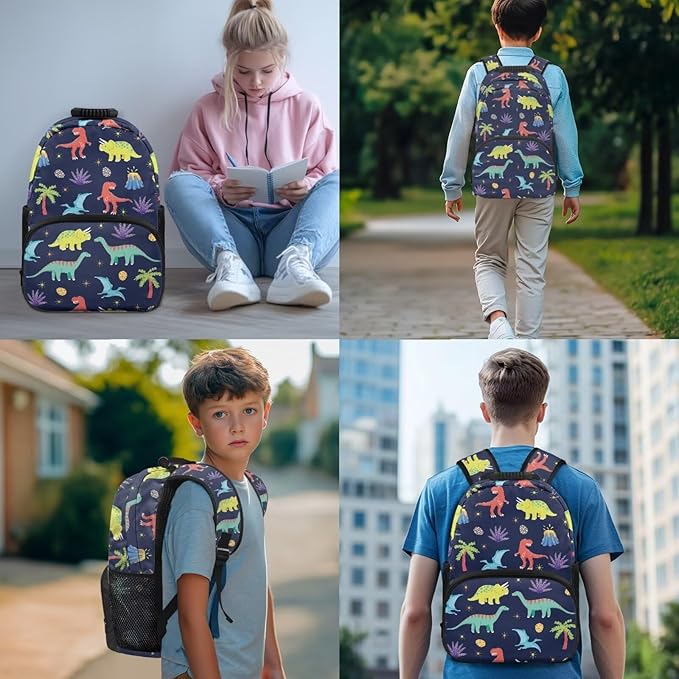 Cute Dinosaur Backpack with Lunch Bag Blue Bookbag Lightweight Trendy Kids Bookbag and Lunch Box Set Boys 4 Pcs School Bag for Boys 7-8 Hiking Daypack Travel Back to School Gifts