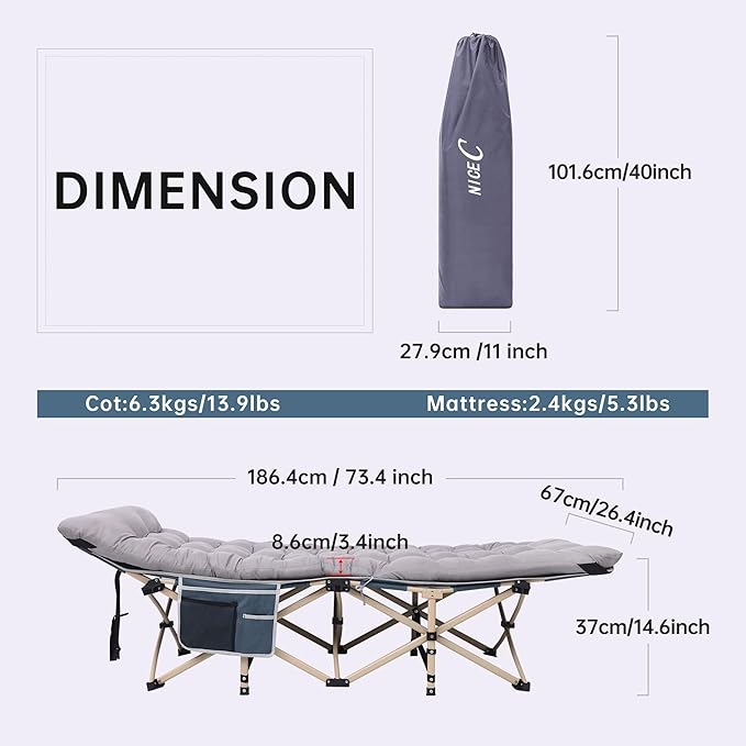 Nice C Heated Cot with Battery, Heated Camping Cots with Cushion, Folding Cots with Mattress for Adults, with Pillow, Carry Bag & Storage Pocket, Extra Wide Sturdy, Up to 500 Lbs (2 Pack, Grey)