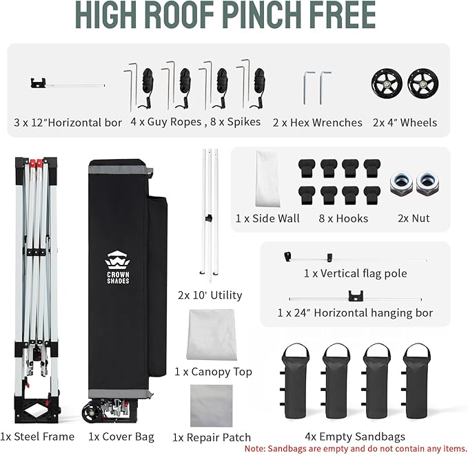 CROWN SHADES 10x10 Pop Up Canopy Tent with 1 Comercial Kit, Instant Commercial Tent with Patended Centerlock, 400D Silver Coated Fabric, 1 Sidewall, 4" Wheels, Sto'N Go Bag,White