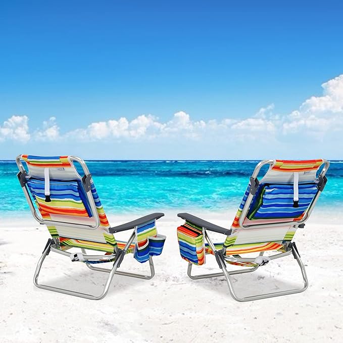 Goplus Beach Chair, Folding Backpack Beach Chairs for Adults with 5 Positions, Head Pillow, Cooler Bag, Towel Bar, Cup Holders, Sunbath Sling Tanning Lounge, Foldable Layout Camping Chairs
