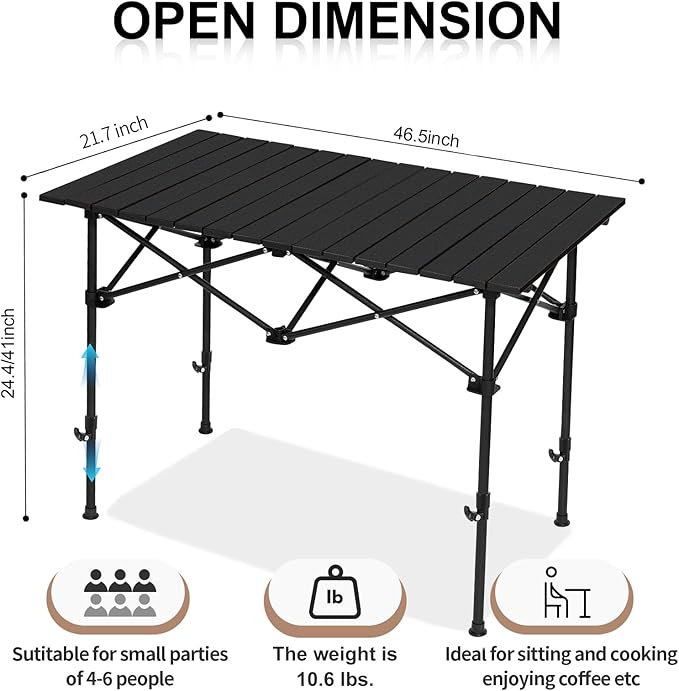 Camping Table Roll up Table,4-6 Person Portable Adjustable Height Roll up Aluminum Table with Carry Bag