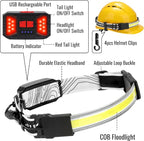Adelante LED Headlamp Flashlight, 1000LM 230Wide-Beam USB Rechargeable Head Light with Taillight(Individual Control) & 8 Clips Waterproof Headlight Headlamps for Running and Camping (2 Pack, Black)