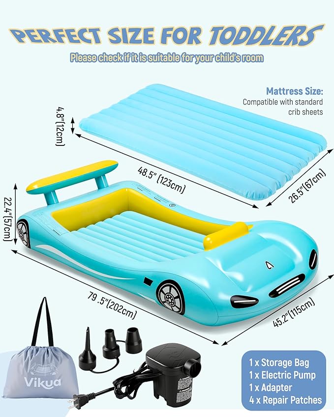 Vikua Inflatable Toddler Travel Bed with Safety Bumpers & Quick-Inflating Pump, Portable Blow Up Air Mattress for Kids with Carry Bag, for Home, Travel, Camping, Sleepovers, 330lbs Support (Blue)