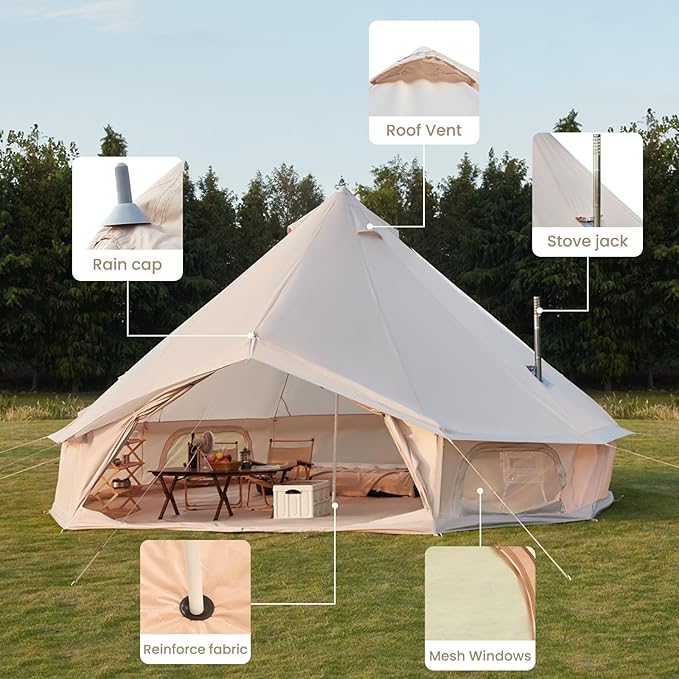 YOLENY Bell Tent, Yurt Tent 4/6/8/10 Person 4 Season Waterproof Glamping Tents w/Stove Jack for Family Camping Outdoor Party, Glamping Tents for Camping - 10/13.1/16.4FT