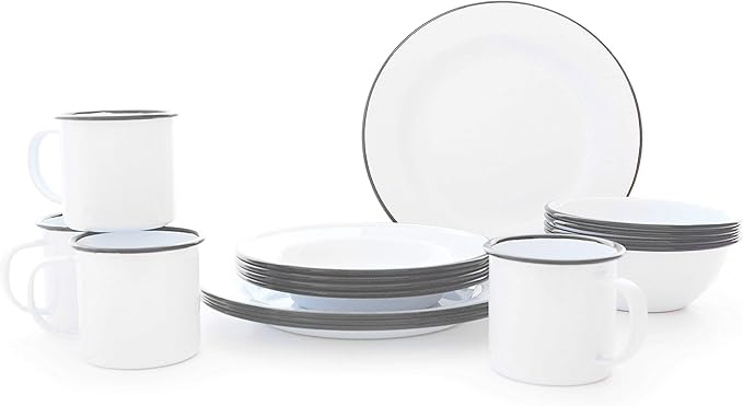 Enamelware Starter Set, 16 piece, Vintage White/Grey