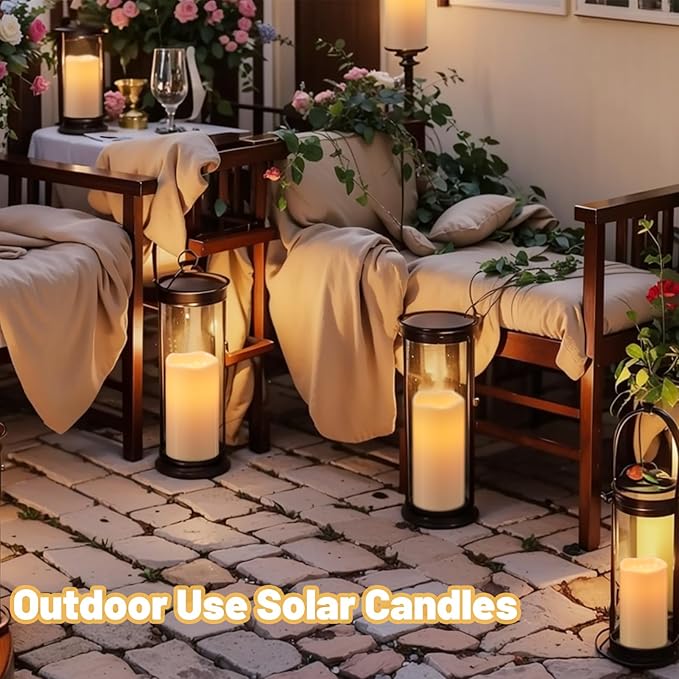 Wondise Solar Candles Outdoor Waterproof IP65 Rechargeable Solar Candles, Dusk to Dawn, Outdoor Pillar Candle for Camping Patio Porch Lanterns(3 Pack, 3" D x 5" H x 6" Hx 8" H)