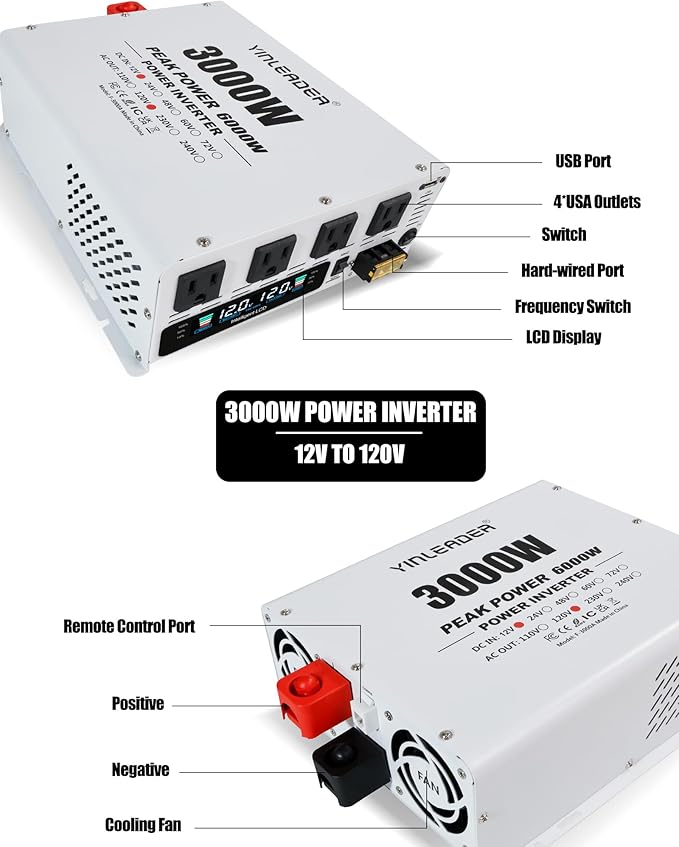 3000W Power Inverter 12V to 110V/120V, Solar Inverter Remote for RV Camping Off-Grid Solar Inverter Systems