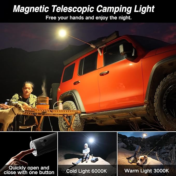 Camping Lantern Rechargeable, Portable Magnetic Camping Lights with 12000mAh Battery, Telescoping IPX6/IPX7 Waterproof Flashlights, Camping Lamp for Emergency, Camping, Hiking (Tactical Brown)