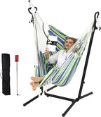 ZEYU Hammock Chair with Stand Double Hammock Chair Bohemian Style with Tassel Mobile Phone Support Manual Adjustable Swing Indoor and Outdoor Garden Porch with Floor mat Reclining Capacity 400 pounds