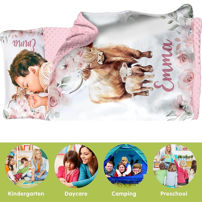 Custom Toddler Nap Mat for Preschool, Personalized Name Highland Cow Design Kids Sleeping Bag for Daycare, Roll Up Sleeping Mat with Removable Pillow and Soft Dot Minky Blanke for Girls Camping