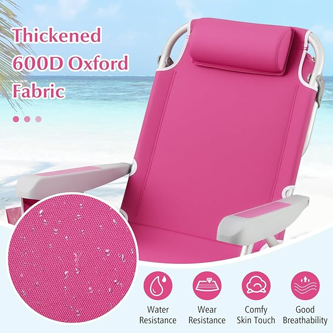GYMAX Beach Chair, 330lbs Backpack Lounger with 5-Position Backrest, Storage Bag, Side Pocket, Towel Bar & Headrest, Foldable Low Beach Lounge, Portable Aluminum Lay Out Camp Chair (1, Pink)