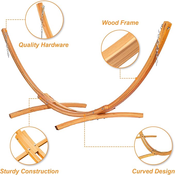 Lazy Daze Hammocks 10.5 FT Outdoor Arc Wood Hammock Stand, 2 Person Hard Pine Wood Hammock Stand with Carabiners and Chains for Patio Indoor Outdoor Garden Poolside, 300lb Capacity, Natural