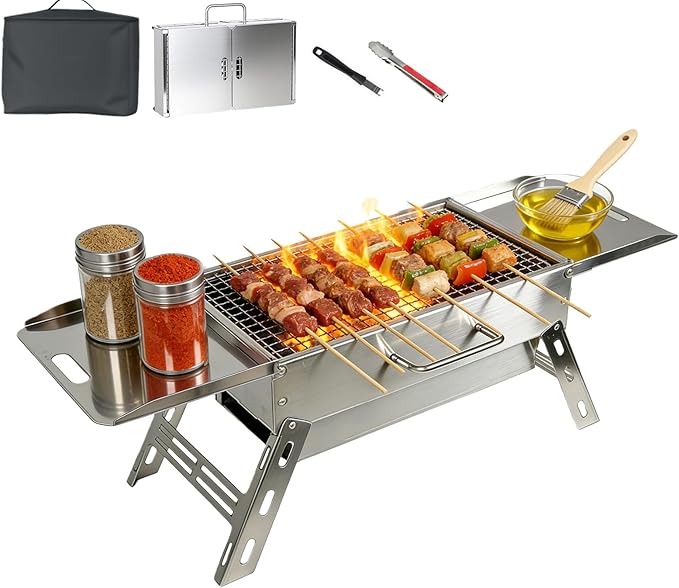Portable Tabletop Charcoal Grill, Foldable Stainless Steel Mini BBQ Grill with Carry Bag, Lightweight Small Camping Picnic Travel Tailgating Patio Grill