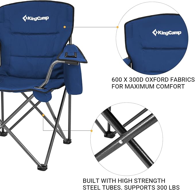 KingCamp Oversized Folding Camping Chair for Adults Portable Outdoor Lawn Chair Heavy Duty with Cooler, Cup Holder, Side Pocket, Carry Bag, Support 300lbs
