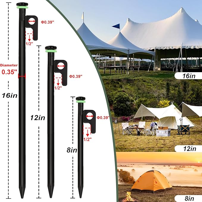 20Pcs Tent Stakes, 12in/16in Heavy Duty Tent Stakes, 0.35" Dia. Forged Steel Stakes Heavy Duty for Tent Used on Rocks, Snowfield(20Pcs 12in Stakes)