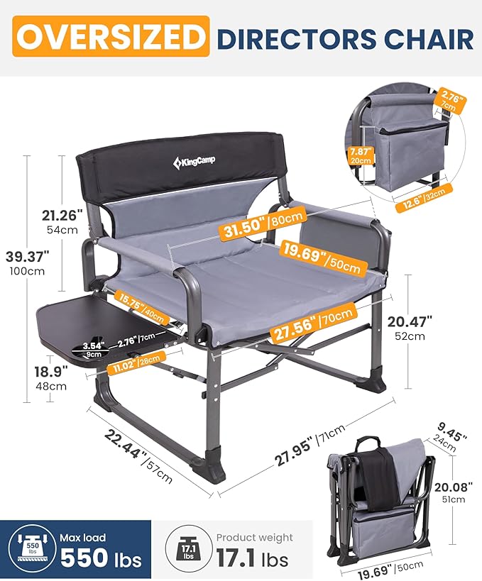 KingCamp XXL Heavy Duty Camping Directors Chair 550lbs Capacity, Extra Wide Oversized Camp Chairs with Side Table & Cooler Bag, Compact Padded Folding Chair for Big and Tall Outdoor Sports Picnic Lawn