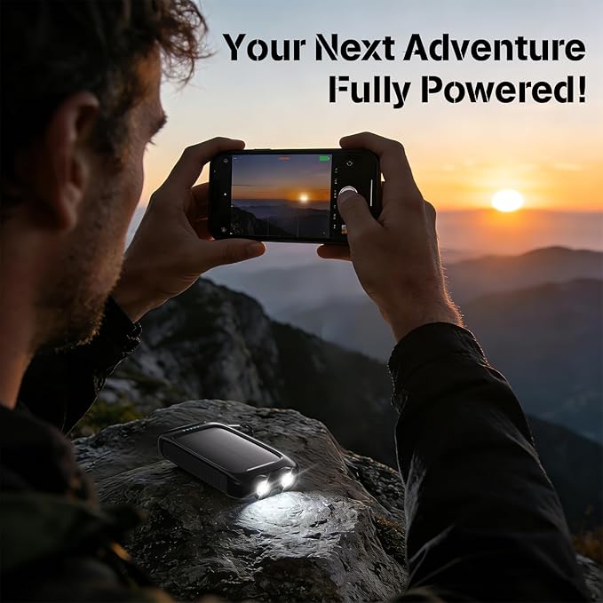 Portable Charger Solar Power Bank 8000mAh with USB-A and USB-C 5V/3A Output Port Black Battery Pack Compatible with iPhone, Samsung, Waterproof Emergency LED Flashlights Perfect for Camping, Hiking
