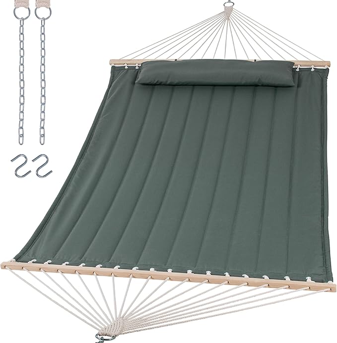 SUNCREAT Double Hammock for 2 Person, Extra Large Outdoor Portable Hammock with Hardwood Spreader Bar, Soft Pillow, 475 lbs Capacity, Gray Green