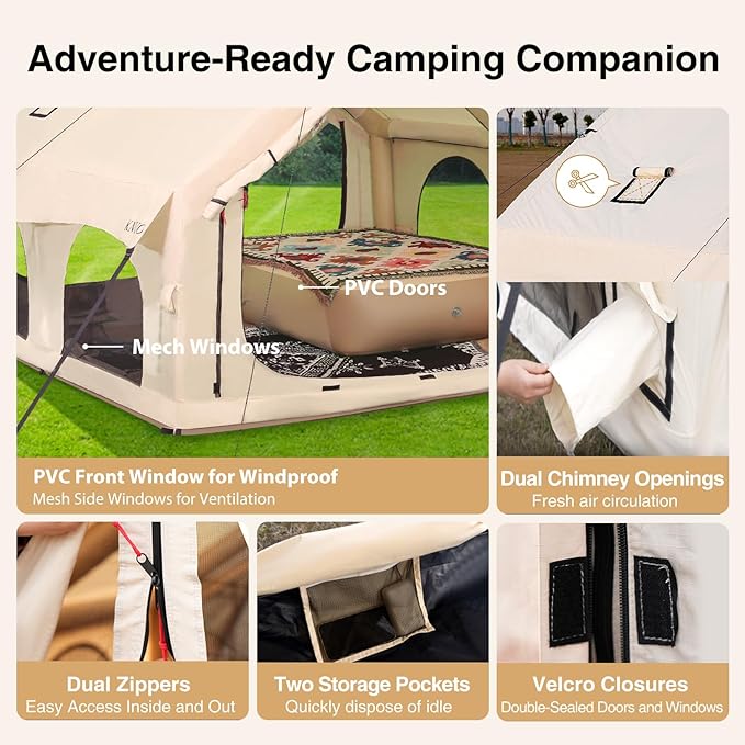 2025 Upgraded Waterproof Inflatable Camping Tent, Large Blow-Up Air Tent, No Assembly Needed Luxury Glamping House, Oxford Fabric