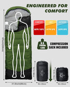 Single Sleeping Bag for Adults Kids 3-Season, Lightweight Waterproof Ripstop, Dual Zipper Bottom Vent, Compression Sack, Portable Camping Hiking Backpacking Gear