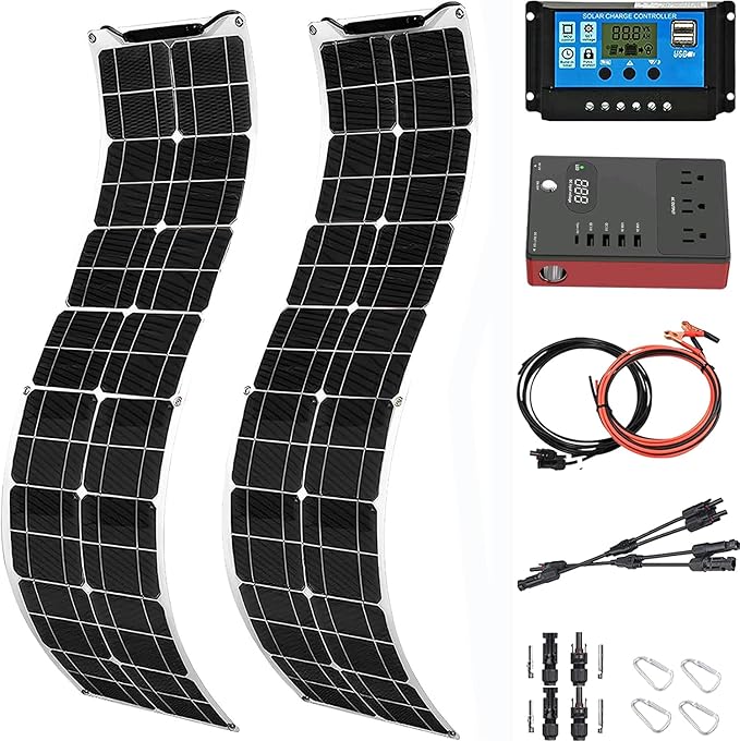 400 Watt Solar Panel Kit, 2 × 200 Watt Flexible Solar Power Panel Photovoltaic Module with 40A Solar Charge Controller & Inverter Monocrystalline Solar Panel for Camping Off Grid Battery Boat
