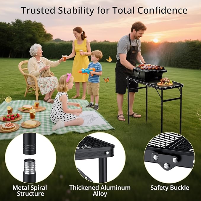 Anbte 3ft Tri-fold Grill Table, 2 Adjustable Heights Max 29.5" Sturdy Metal Grill Table with Storage Bag, Heat-Resistant Tabletop, Portable Handle for Cooking BBQ Outdoor Travel, 35" x 16", Black