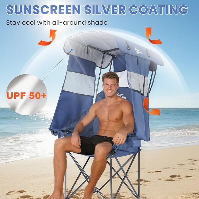 Camping Chair with Canopy Beach Chair with Canopy Shade Oversized Folding Canopy Chair for Camping, Beach, Picnics, Fishing, Sports - High Back, Padded Headrest, Cup Holder, Pocket - Support 400 LBS